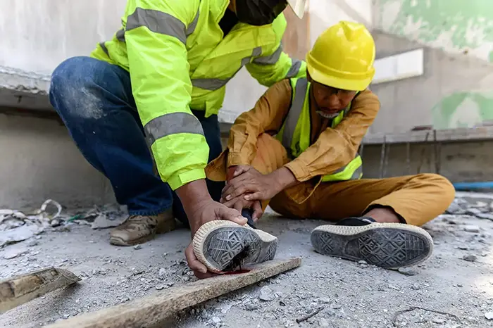 Worker with an injured foot on a job site.